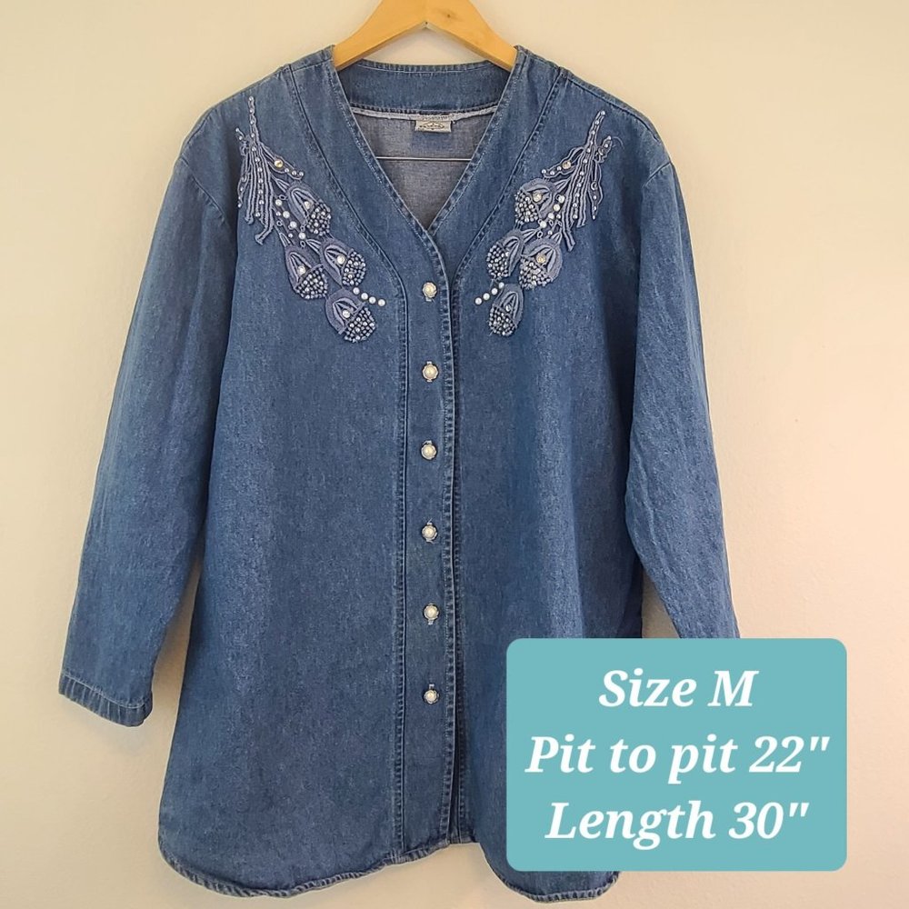 Vintage 90s Womens Sz M Floral Embroidered Denim Pearl Shirt Jacket Rodeo West - Picture 4 of 9
